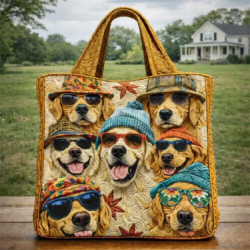Travel Handbag, Women Cool Golden Retriever Dog Animal Art Print Retro Quilted Polyester Printed Travel Bag, For Weekend Getaway Shopping Outdoor Vacation Pet Lover Trip, Large Capacity Lightweight Reusable Durable Storage Carry Bag