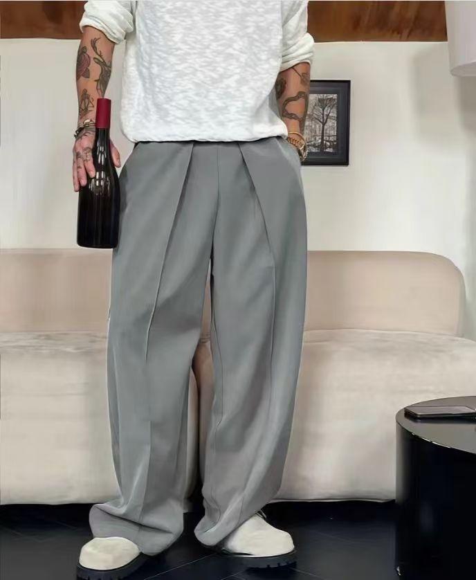 2PCS Men’s High-Waist Pleated Wide-Leg Pants, Elastic Waist Loose Streetwear Dress Pants for Casual Outfits