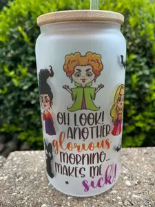 Hocus Pocus Frosted Beer Can Glass Tumbler with Plastic Straw and Bamboo Lid