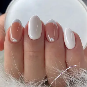24pcs Almond Nail Tips, Nude French Manicure, Nail Designs, Travel Essential, Beach Photo Ready, Self-Adhesive, Reusable, No Glue Needed, Nail Art Supply, Nail Extension Kit