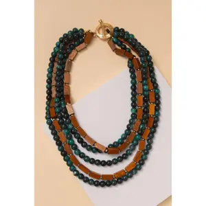 Maggie Multi-Strand Wood and Teal Marble Stone Bead Necklace