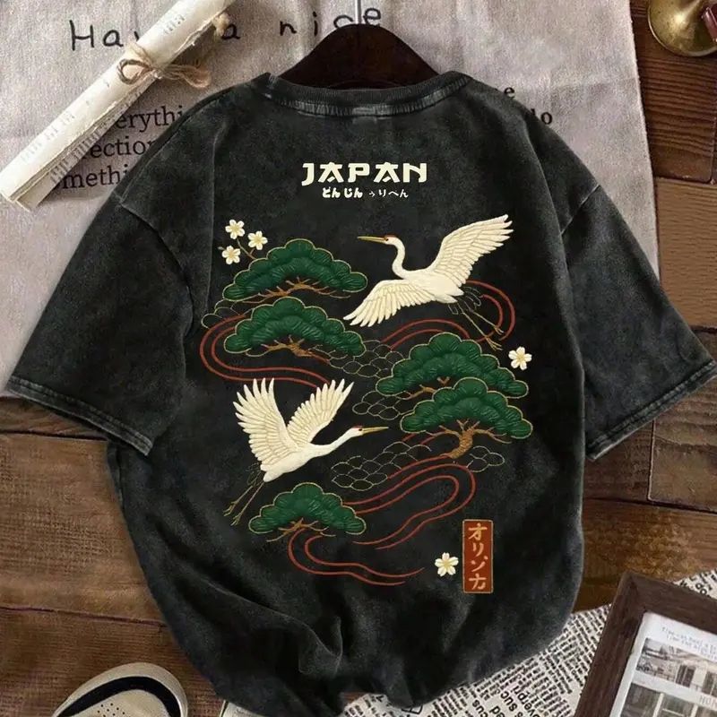 Vintage Oversized Crane Graphic Tee | Retro Japanese Streetwear Aesthetic T-Shirt | Heavyweight 100% Cotton Ukiyo-E Top | Trendy Traditional Relaxed Fit Apparel | Soft Unique Zen Gift | Chic Urban Streetwear | Daily Summer Outfit
