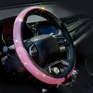 New Diamond Leather Steering Wheel Cover with Bling Bling Crystal Rhinestones, Universal Fit 15 Inch Car Wheel Protector for Women Girls Pink Diamond