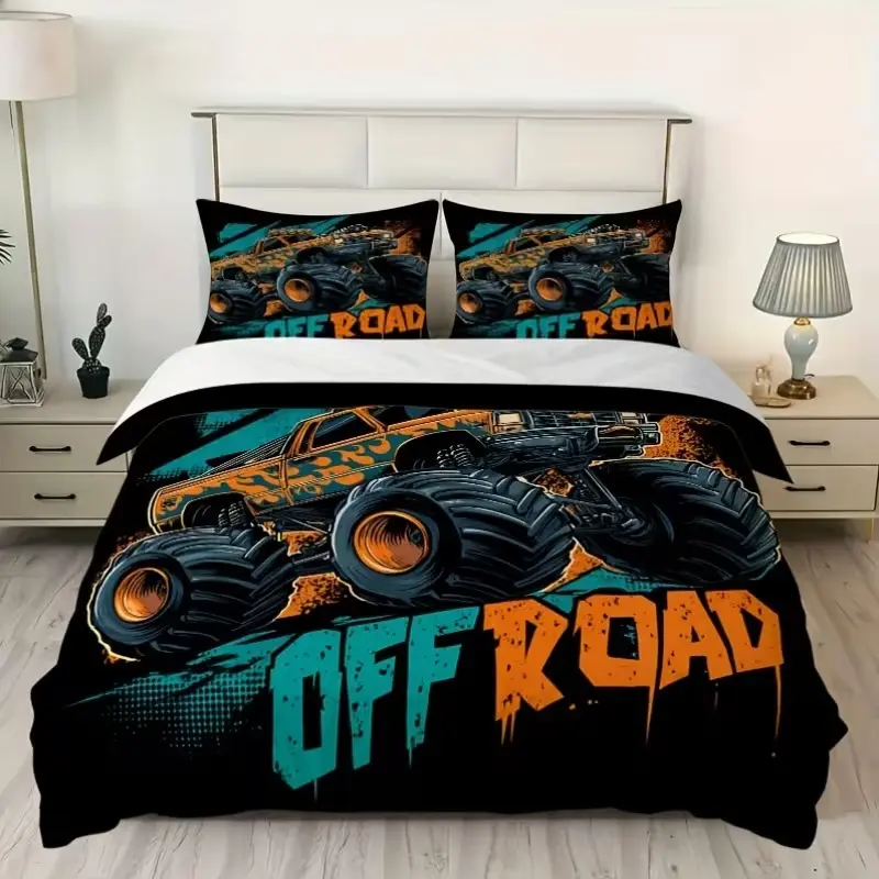 Monster Truck Boys and Girls duvet covers, down duvet covers, comfortable 3D printed super truck soft microfiber ultra-fine fiber bedding set, with zipper and pillowcase, 3-piece set, 1 duvet cover, 2 pillowcases (unfilled)