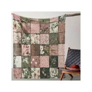 Vintage Floral Patchwork Soft Throw Blanket in Blush & Sage Tones