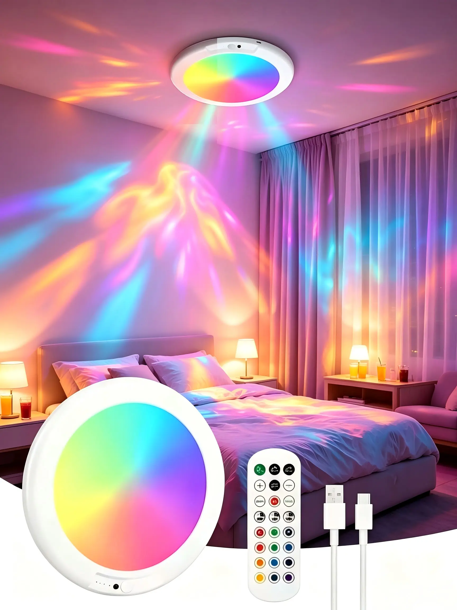 Wireless Magnetic RGB LED Ceiling Lamp USB-C Rechargeable Human Body Induction Night Light with Full Function Remote, No Drilling Installation, Color Gradient Adjustable for Washroom Corridor Living Room Playroom Festival Party Ambient Decoration