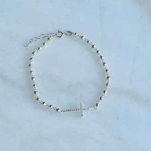 Pulsera diseño de cruz con zirconias cristalinas, balines diamantados. Flexible para size 6 7 y 8 Plata Italiana 925