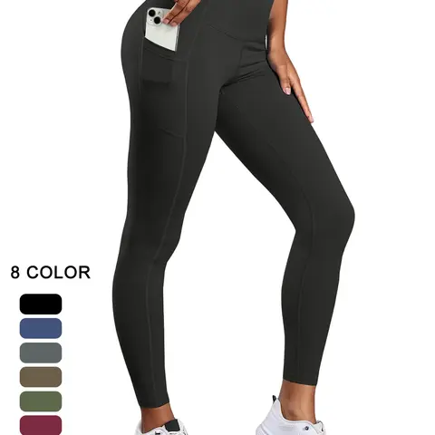 Women's Solid High Waist Pocket Sports Leggings, Sporty Comfy Breathable Skinny Pants for Yoga Gym Workout, Ladies Sportswear for All Seasons