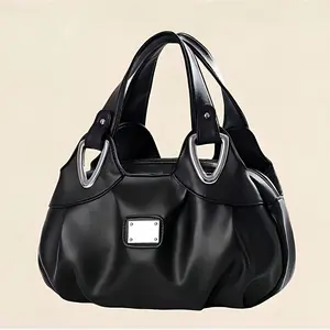 New Cute Fashion Medium Size Pure Color Double Handle Stachel Hobo Purses for Women Ruched Handbags for Dating Outing Travel Office Gifts for Mom Girlfriend Wife on Holiday Black Leather Style