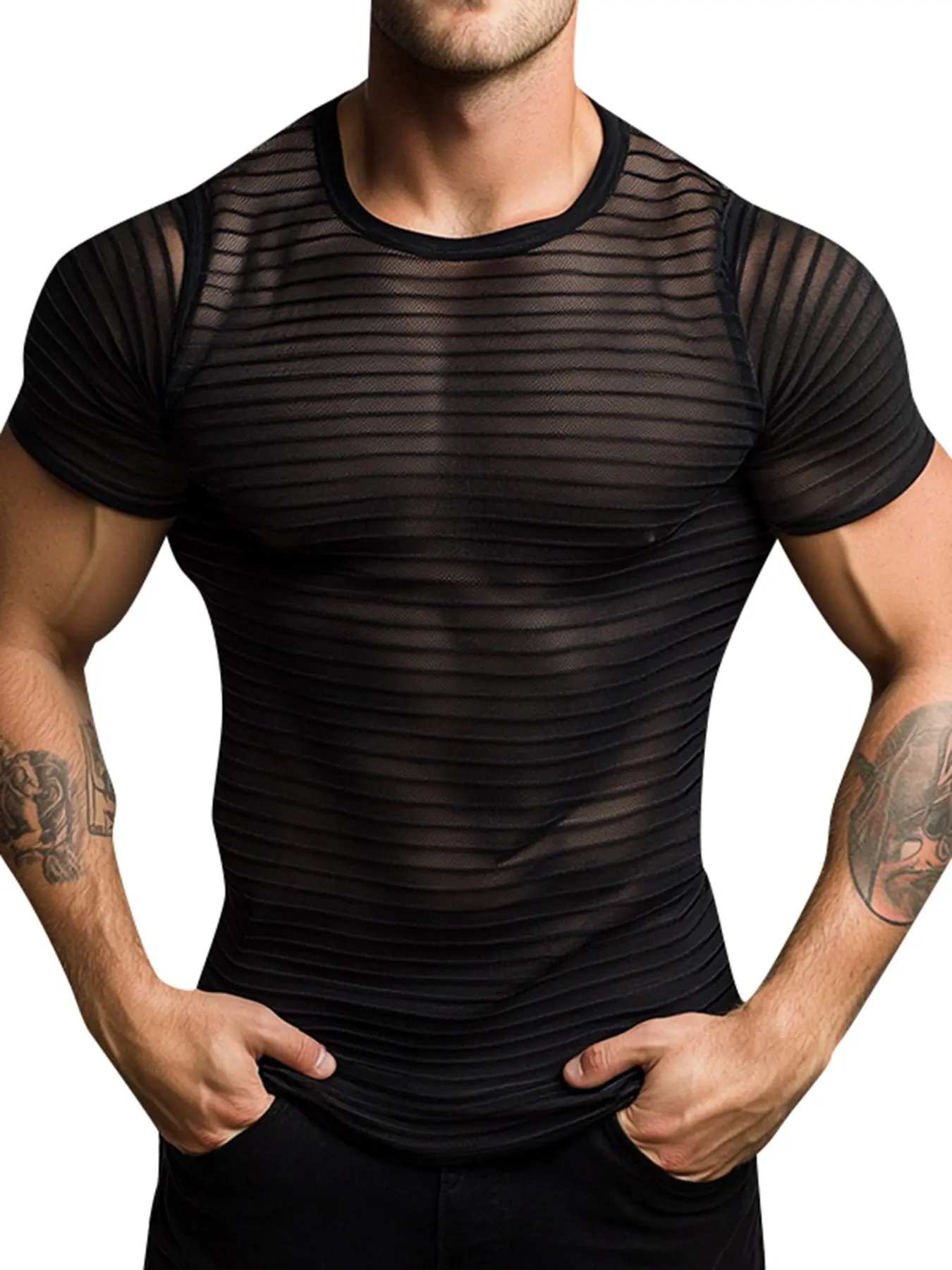 INCERUN Men's Fashion Streetwear Transparent Striped Short Sleeve Polyester Fabric Basic T-Shirt, Stylish Casual Wear, Comfortable Summer Top, Trendy Graphic Tee