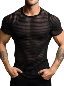 INCERUN Men's Fashion Streetwear Transparent Striped Short Sleeve Polyester T-Shirt, Stylish Casual Wear, Comfortable Summer Top, Trendy Graphic Tee