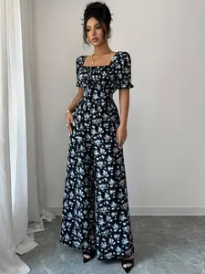 Women's Elegant Waist-Cinched Floral Print Romper with Puff Sleeves – Holiday Outfit