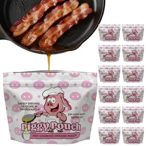 Piggy Pouch Bacon Grease Container 12 Pack 12oz Resealable Heat Resistant Zip Lock Design for Cooking Grease Oil and Fat Storage