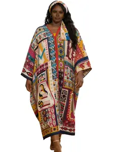 Moomoo Kaftan Caftan for Women, Plus Size Geometric Tribal Beach Cover Up, Flowy Maxi Dress, Loose Summer Loungewear, Casual Vacation Outfit for Memorial Day & 4th of July