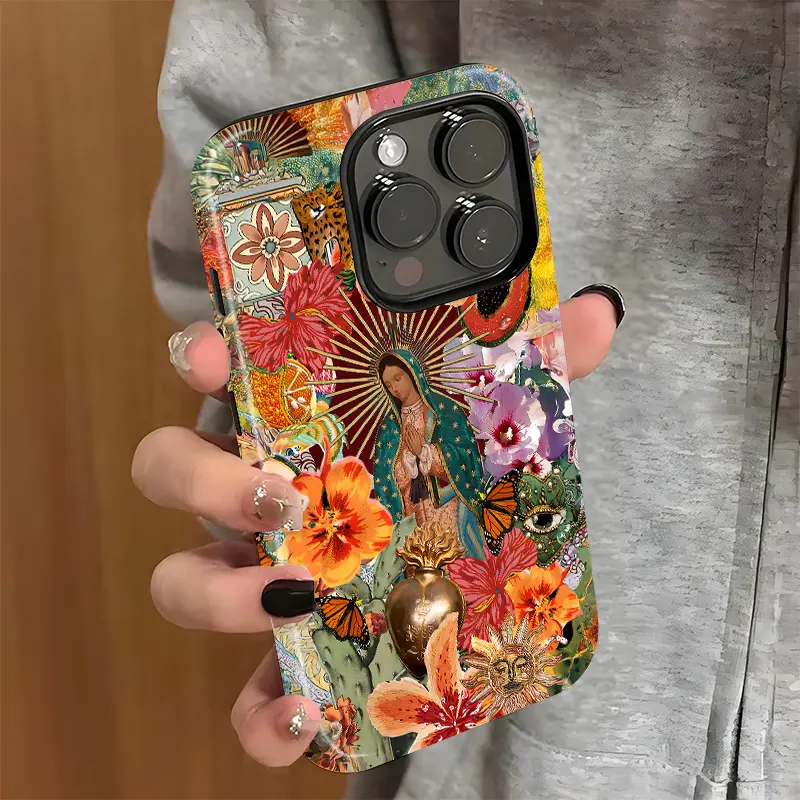 Irregular Hybrid Virgin Mary Pattern TPU-PC Phone Case, Shockproof Rugged Dual-Layer Cover with Soft Bumper & Hard Shell for iPhone 11 12 13 Pro 14 15 16 17 Pro Max Plus Air (Flush Mount Compatible)