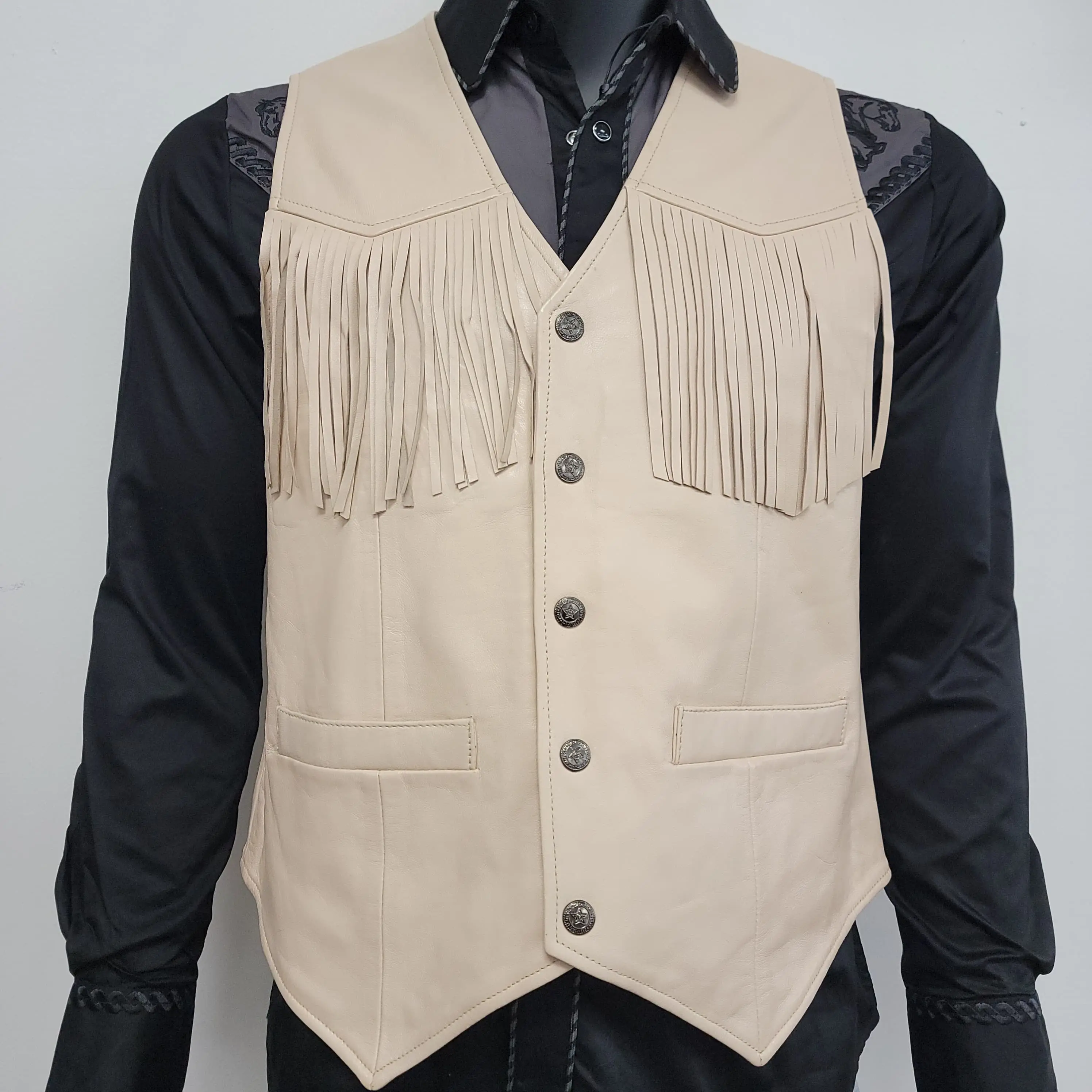 AJ Mens Western Fringe Leather Vest – Beige, Black