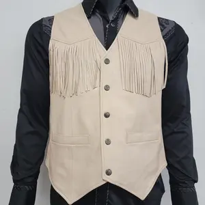 AJ Mens Western Fringe Leather Vest – Beige, Black