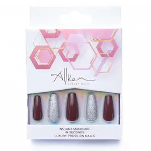 Allkem Fusion Maroon Press on Nails | Glossy Medium Long Ballerina | 12 sizes- 24 pcs Nail kit with Glue