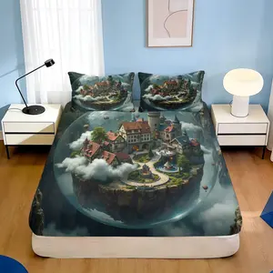 3pcs Castle island clouds red roofs towersbedding set(1*Fitted Sheet + 2*Pillowcase, Without Core)+Soft comfortable and breathable Suitable for bedroom guest room hotel dormitory rooms