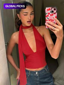 women's plain halter neck tie back crop cami top, casual slim sleeveless top for daily wear, ladies clothes for all seasons, halter top