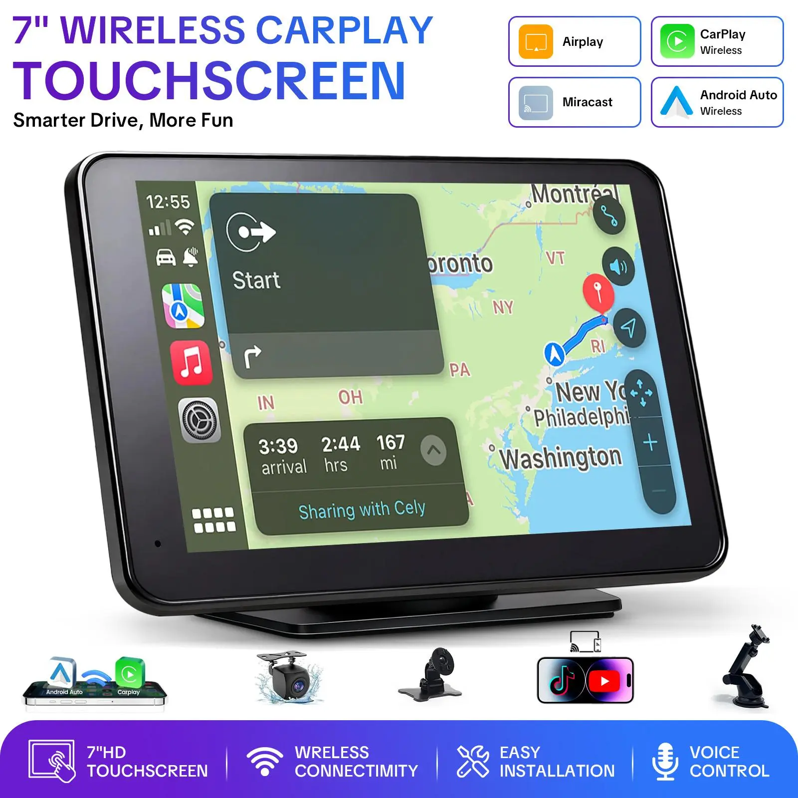 【PASLDA】Black Friday Deals 2026— Portable Wireless CarPlay Stereo, 7" 1024*600 HD Touchscreen Car Video Player, Self-Adhesive, Android Auto, Backup Camera, Mirror Link, Voice Control, Bluetooth, GPS, AUX