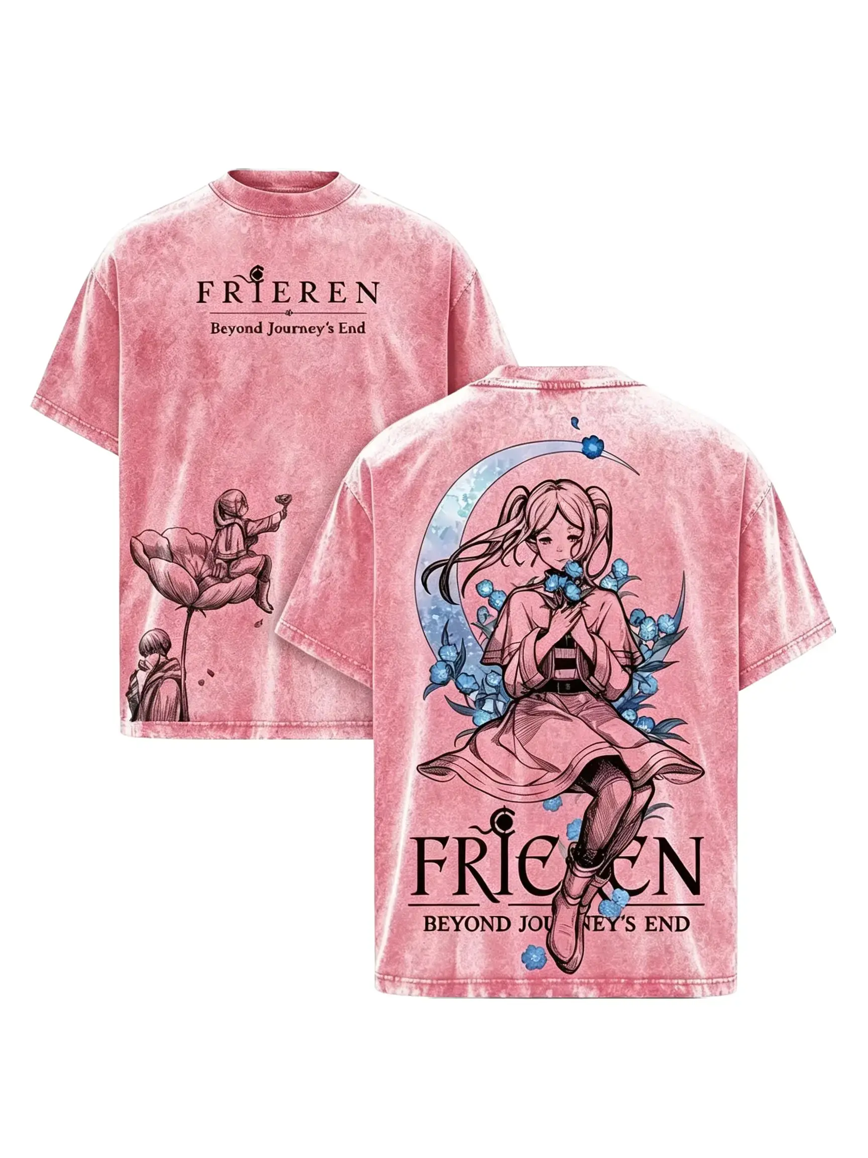 Frieren Graphic T-Shirt, Unisex Vintage Washed Oversized Tee in Heavy Cotton, Round Neck Short Sleeve Japanese Anime Streetwear for Men, Shortsleeve, Menswear