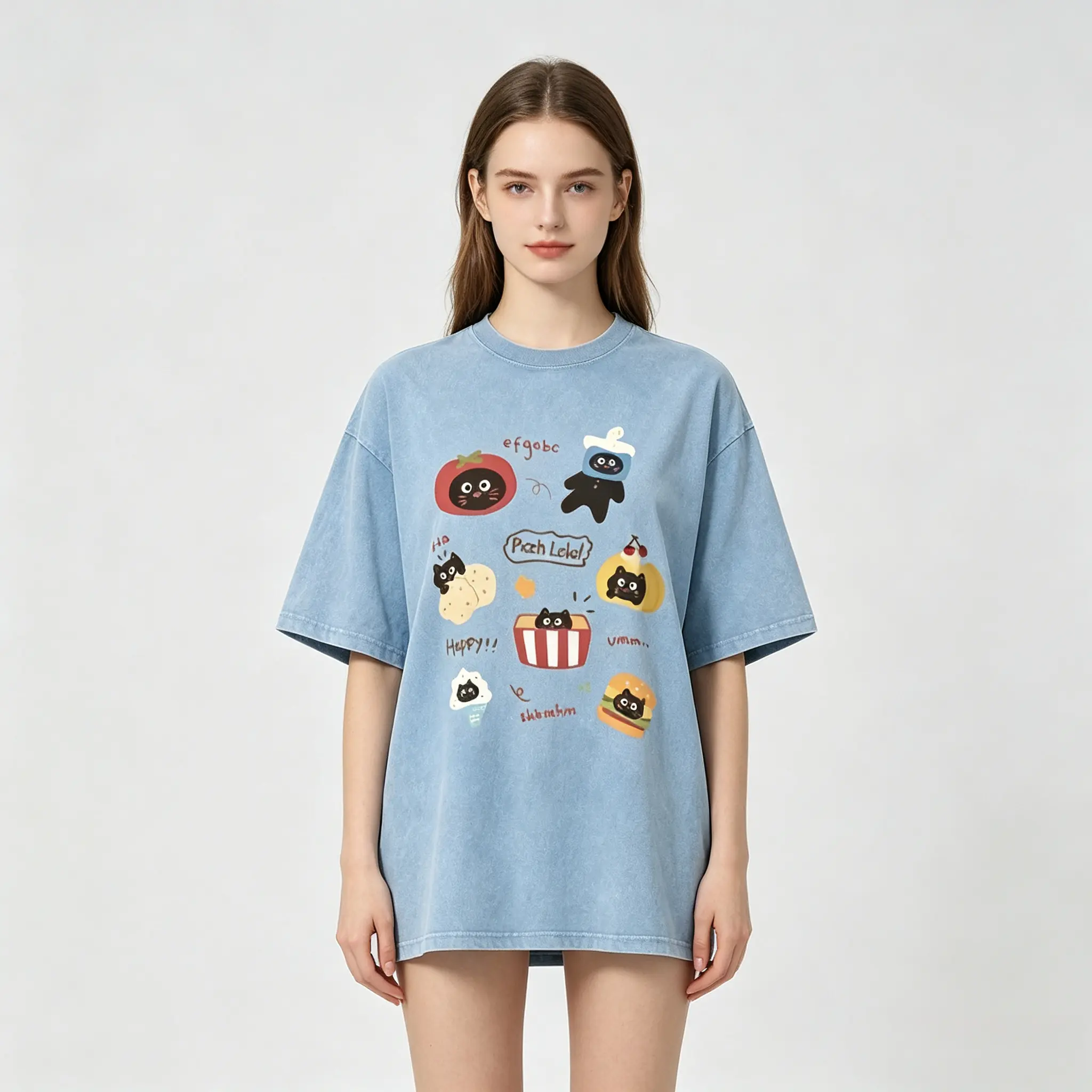 Women's Graphic T-Shirt, Casual Baggy Short-Sleeve Streetwear with a Vintage Cat Food Print in Washed Cotton oversized, Chic, Comfortable, Shortsleeve, Breathable, Everyday, Fashion, Top, Graphic Print Womenswear Summer