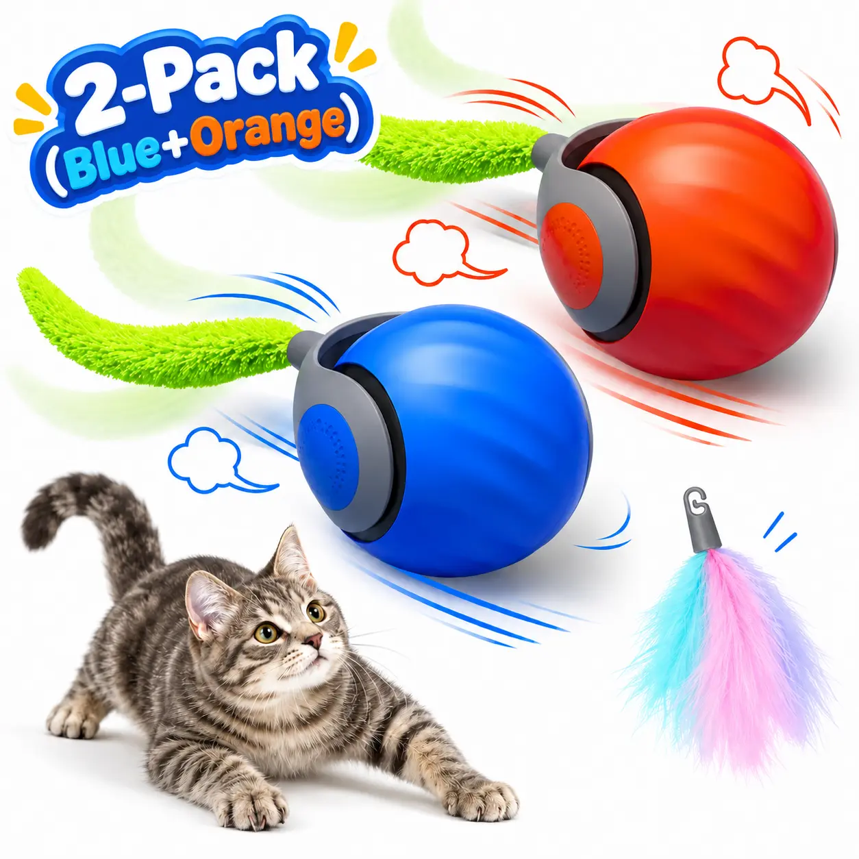 2-Pack Interactive Cat Toy Ball, Automatic Moving Cat Toy with 2 Modes & 2 Speeds, USB-C Rechargeable Indoor Cat Toy for Kittens & Adult Cats