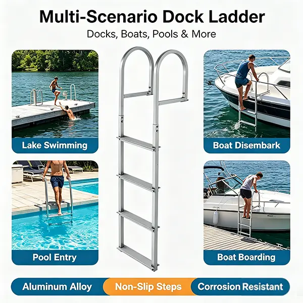 4 Steps Removable Dock Ladder, Aluminum Alloy Pontoon Boat Swim Ladder with Non-Slip Wide Steps, Quick Release Marine Boarding Ladder Supports 500 LBS for Lake Pool Boat