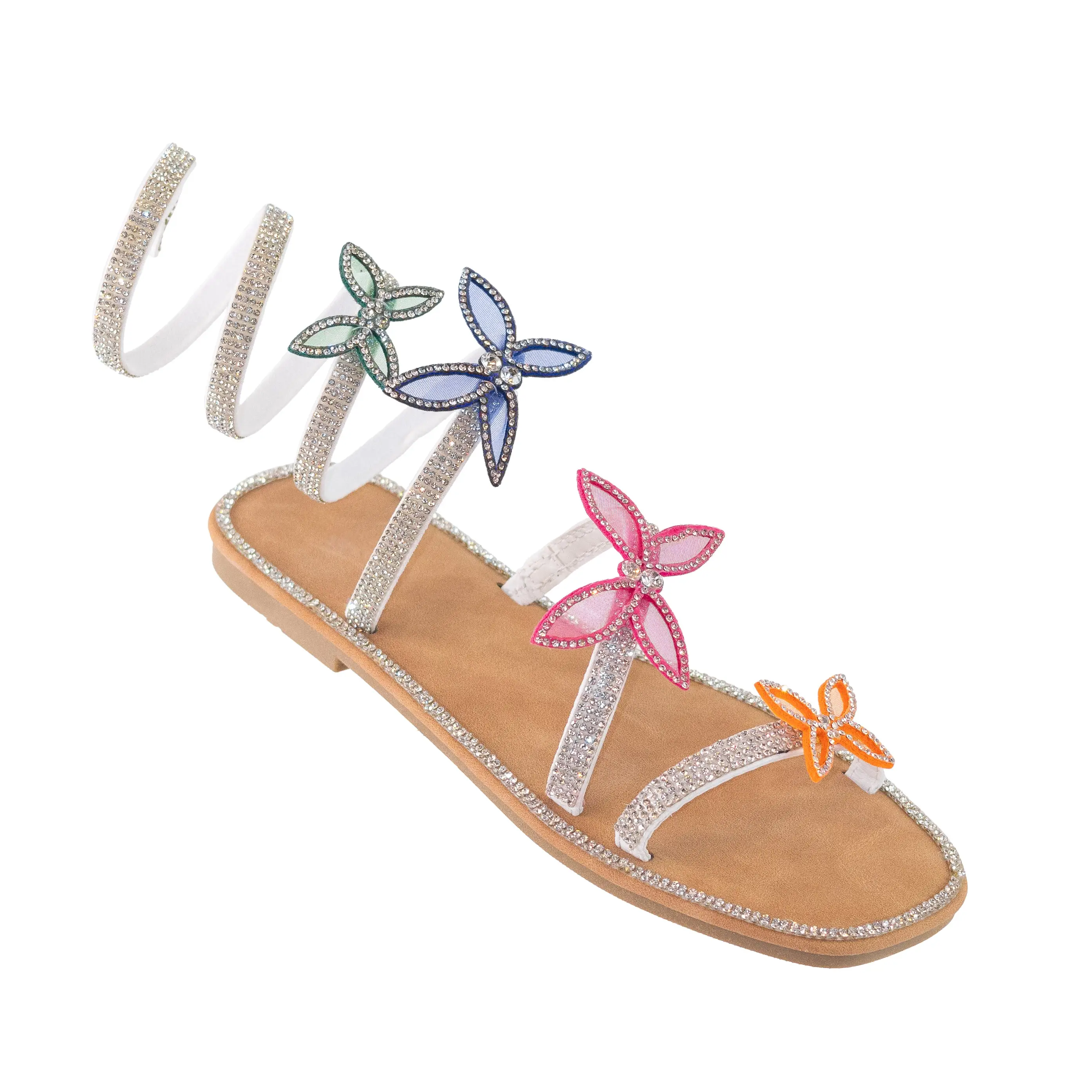 Atlanta - Embellished Spiral Coil Strap Flat Sandals, Rhinestone Butterfly Details, Glamorous Summer Footwear, Lightweight for Casual Outings