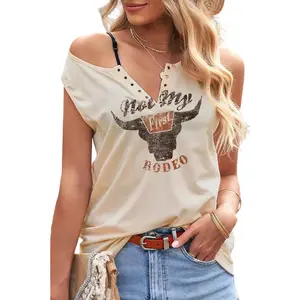 Flamingal Oxhead & Letter Print Grommet Eyelet Tank Top