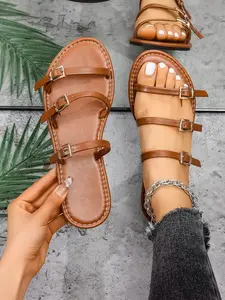 Summer New Fashion Women's Flat Sandals Slippers Three Strap Buckle Solid Color Toe-Open Anti-Slip Slippers Outdoor Indoor, Buckle Decorated Slides