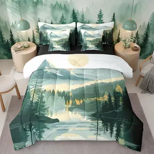 Forest Mountain 7 Piece Comforter Bed Set,Nature Forest Trees Bed Bag,Green Woodland Landscape Botanical Bedding Set,Boys Girls Oil Painting Comforter,