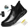 Dian Sen Men's Steel Toe Leather Work Shoes - Waterproof, Closed, Dry-Cool Mesh Fabric, Indestructible Construction, All Seasons, Laces, Precision Sole, Wet Floor Grip, Fashion Minimalist Black Outdoor Steel Toe Sneakers