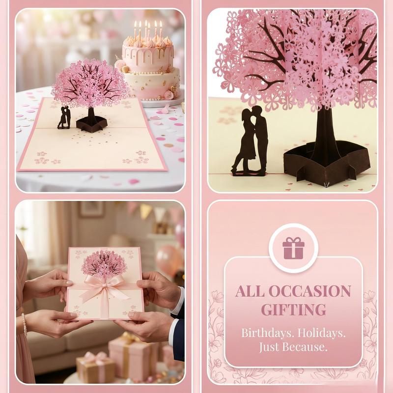 Handmade Cherry Blossom Card Pop Up 3D Flower Romantic Love Letter Greeting Anniversary Wedding Valentine Birthday Gift Card Blank Stationery Paper for Her Him Husband Wife