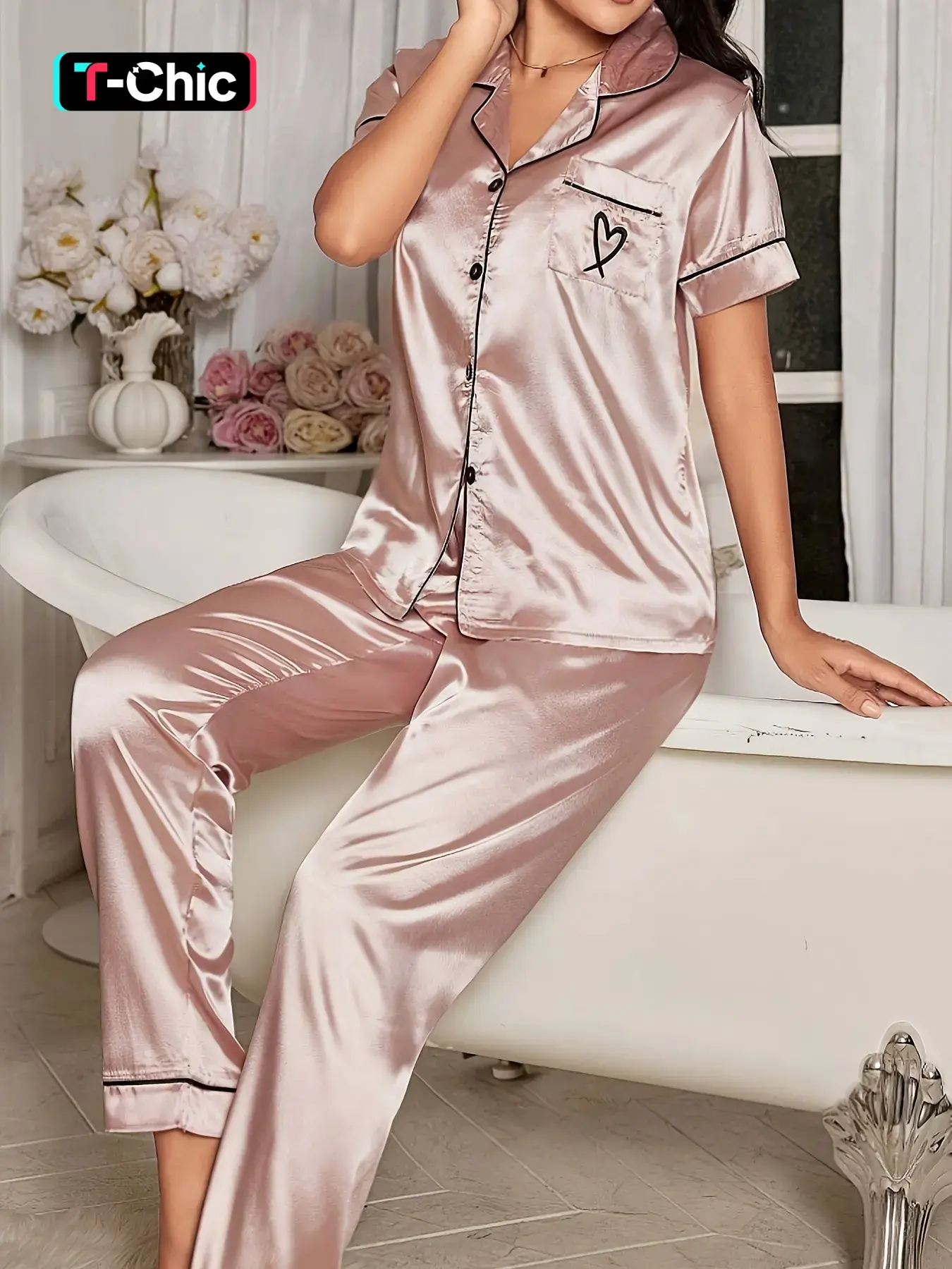Valentine's Day Embroidered Heart Champagne Color Women's Collared Homecoming Set, Matching Outfit Set, Casual Loose-Fitting Short Sleeve Top Long Pants, All Seasons Womenswear, Match Style Set
