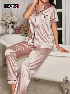 Valentine's Day Embroidered Heart Champagne Color Women's Collared Homecoming Set, Matching Outfit Set, Casual Loose-Fitting Short Sleeve Top Long Pants, All Seasons Womenswear