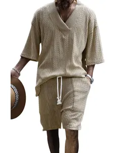 Men's Solid Drop Shoulder Knit Top & Shorts Two-Piece Set, Loose Casual Fashion Cozy Breathable Short Sleeve T-shirt & Shorts for Daily Outdoor Wear, Menswear for Summer, Clothing