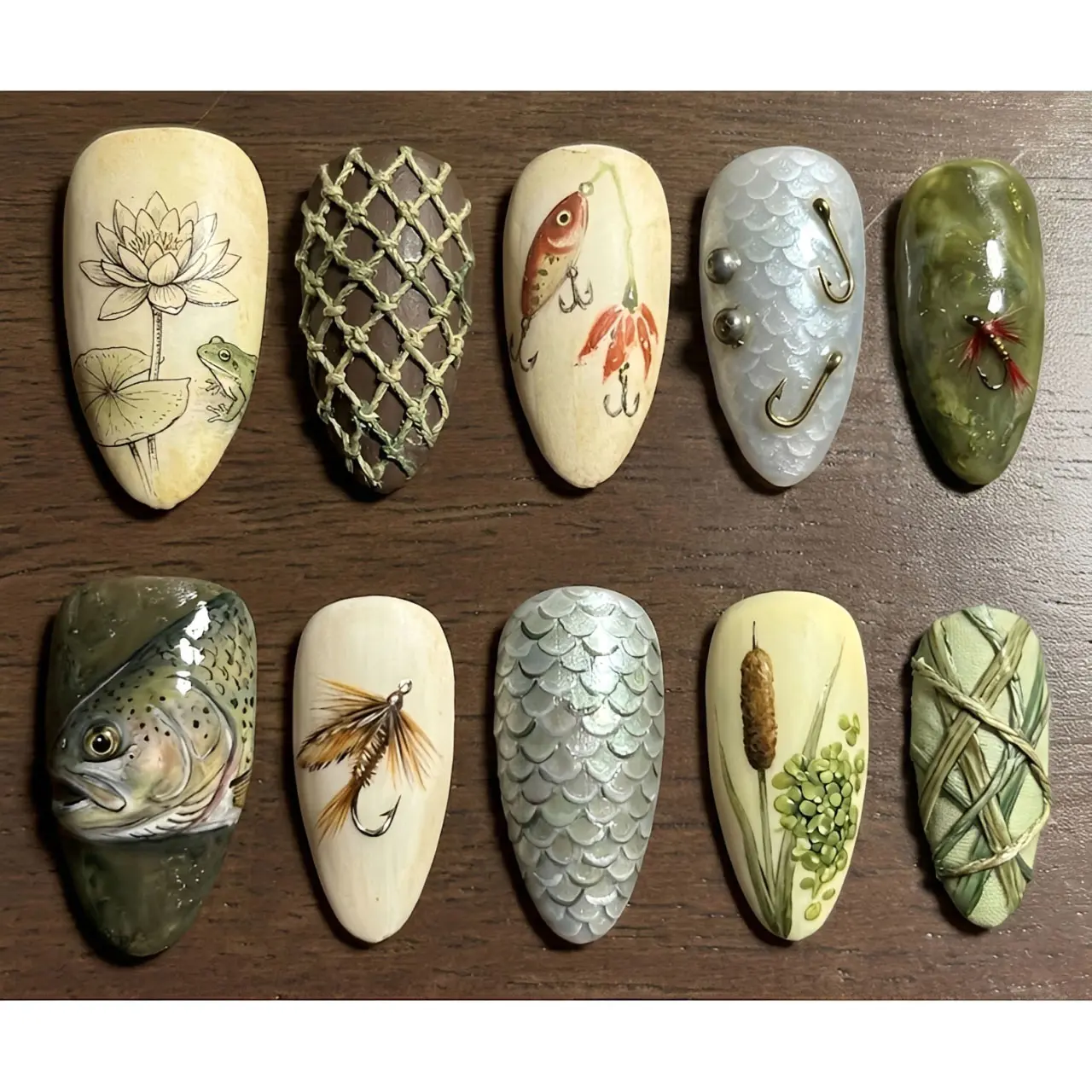 Vintage Fishing Press On Nails | Handmade Trout Fish Fly Fishing Lure Bass Scale Nature Woodland Press On Nails | Reusable Luxury Fake Nail Set