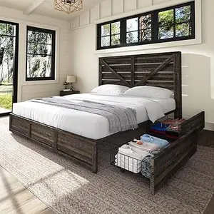 VanAcc Farmhouse Bed Frame with 4 Storage Drawers, Wooden Storage Bed Frame with Slatted Headboard and Heavy Duty Metal Slats