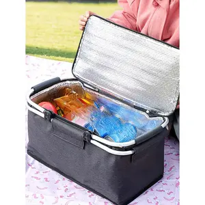 1pc Portable Insulated Cooler Basket - Gray Oxford Cloth, Double Zipper Closure, Durable Handle, Suitable For Fruits And Vegetables, Perfect For Picnics, BBQs And Outdoor Gatherings, Picnic Basket |   Sturdy Handle Basket |   Insulated Cooler Basket