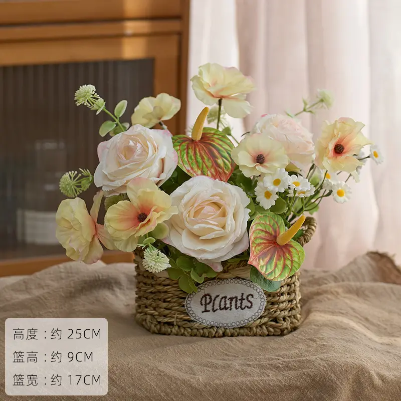 Light Pink Curled Rose Bouquet Binaural Basket