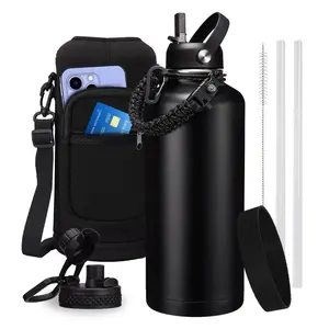 32/40/64/128 oz Insulated Water Bottle with Straw (Cold for 48 Hrs), Gallon Stainless Steel Triple Wall Vacuum Sports Water Jug, Leakproof Hydro Cup Flask with Paracord Handle & Straw Spout Lids outdoorfun
