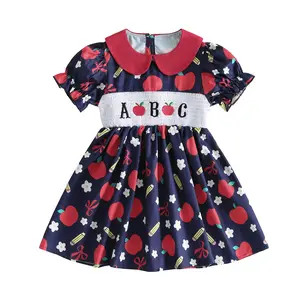 Toddler Baby Little Kid Girls Dress Puff Short Sleeve Doll Collar Letters Apple Embroidery Smocked A Line Dress