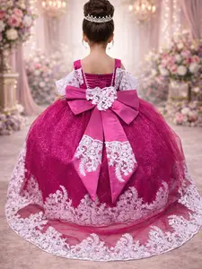 Rendom Fuchsia Shimmer Girls Dress with White Lace Appliqués