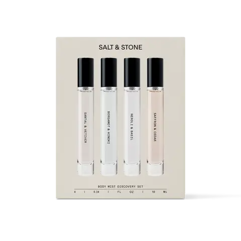 Salt & Stone Body Mist Discovery Set - 4 Award-Winning Scents for Skin Clothes & Hair - Unisex Signature Scent 10 ml Travel-Size Perfume Mist, Hair and Body Mist, Unisex Perfume, Fragrance