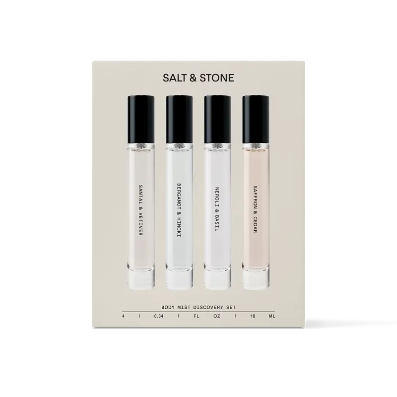 Salt & Stone Body Mist Discovery Set - 4 Award-Winning Scents for Skin Clothes & Hair - Unisex Signature Scent 10 ml Travel-Size Perfume Mist, Hair and Body Mist, Unisex Perfume, Fragrance
