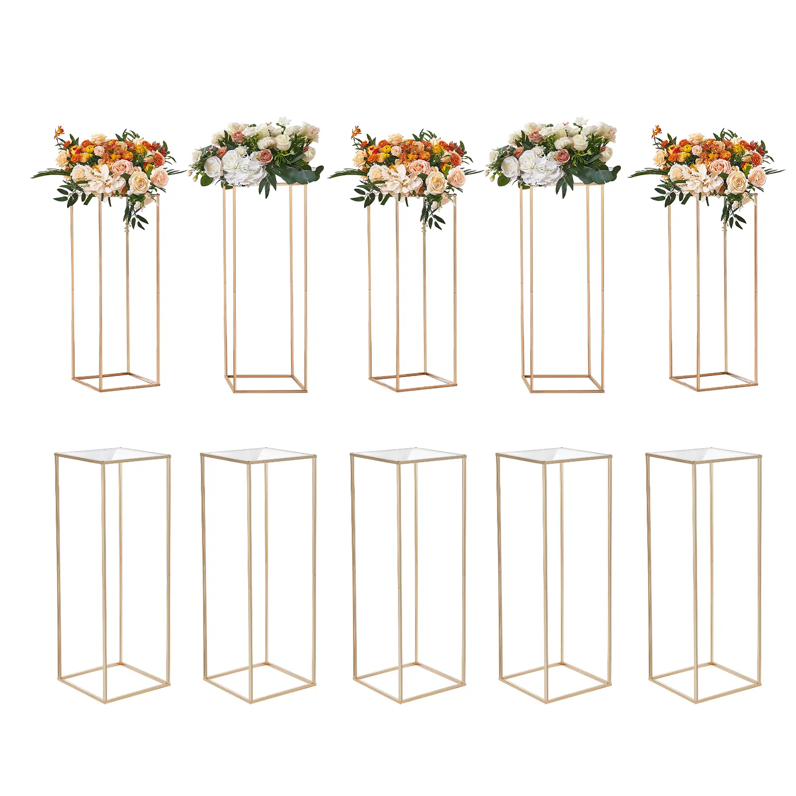 【summerfinds】VEVOR 10PCS Classic Geometric Gold Rectangle Metal Vase Column Set, 11.02x11.02x31.50in Acrylic Laminate Flower Stand, Home Supplies for Wedding Table Centerpieces & Room Decor