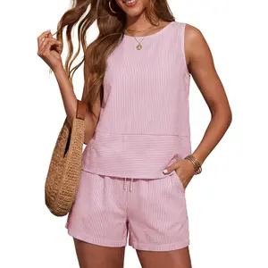 Women's Trendy 2 Piece Outfits Shorts Sets Summer Crew Neck Sleeveless Tank Top and Bottom Matching with Pockets 2026