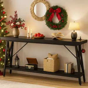 70.9 Inch Extra Long Console Table, Industrial Sofa Table Behind Couch with Charging Station & Storage Shelf, Entryway Table for Living Room & Entryway, Black